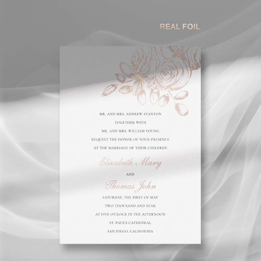 Invitation En Aluminium Peony Croquis Formal Moderne Classique Mariage Or