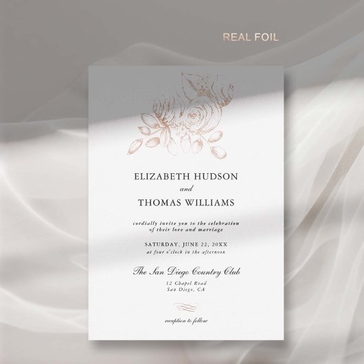 Invitation En Aluminium Peony Floral Art Sketch Rose Gold Classic Mariage