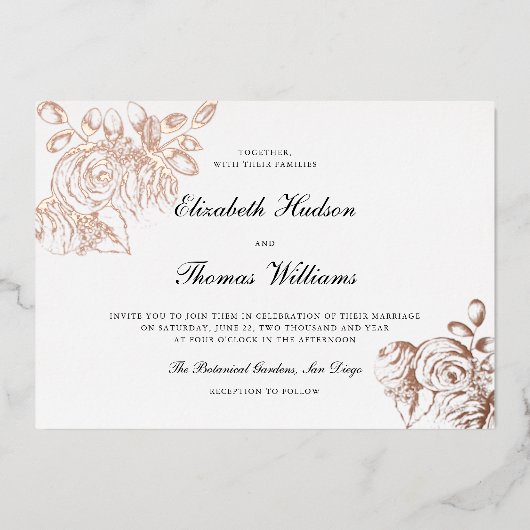 Invitation En Aluminium Peony Sketch Art Moderne Classique Mariage Or (Recto)