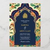 Invitation En Aluminium Perse Floral Inlay Marine Bleu Musulman Mariage Or (Recto)