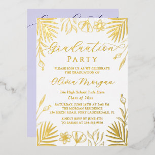 Invitation En Aluminium Pétrole d'or Flore Script Purple Graduation Photo