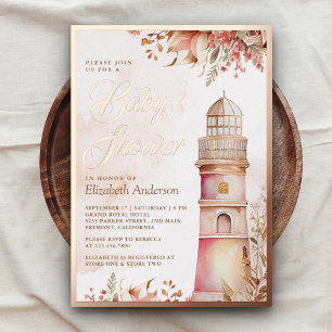 Invitation En Aluminium Phare Floral Boho Rose Fête de Naissance Bébé Fill