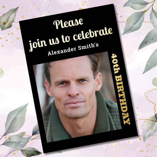 Invitation En Aluminium Photo 40th Birthday Black Gold