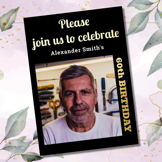 Invitation En Aluminium Photo 60th Birthday Black Gold