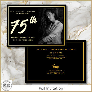 Invitation En Aluminium Photo 75e Anniversaire Noir Or Élégant