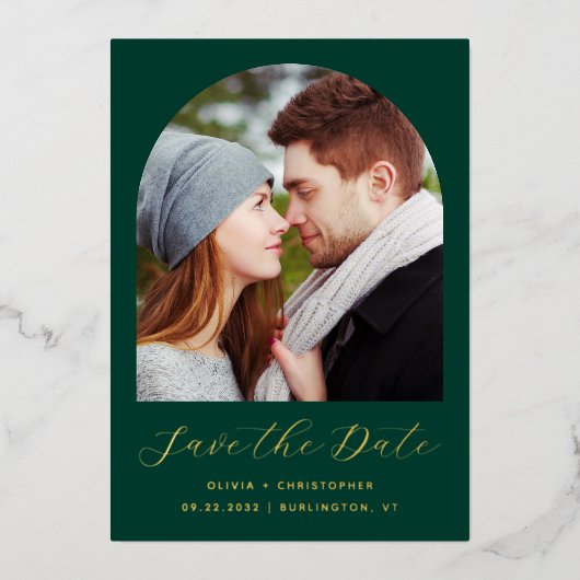 Invitation En Aluminium Photo Arch Emerald Green Gold Enregistrer la date (Recto)