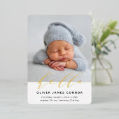 Invitation En Aluminium PHOTO BÉBÉ MODERNE élégante hello calligraphie hau (Debout devant)