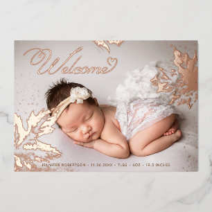 Invitation En Aluminium Photo Bienvenue Bébé Rose Feuille Dorée Naissance