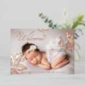 Invitation En Aluminium Photo Bienvenue bébé Rose Gold Foil Feuilles naiss (Debout devant)
