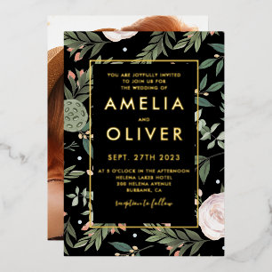 Invitation En Aluminium Photo Black Blush Floral Mariage Gold Foil