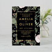 Invitation En Aluminium Photo Black Blush Floral Mariage Gold Foil (Debout devant)