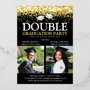 Invitation En Aluminium Photo Black & Gold Foil Double Graduation Party