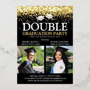 Invitation En Aluminium Photo Black & Gold Foil Double Graduation Party