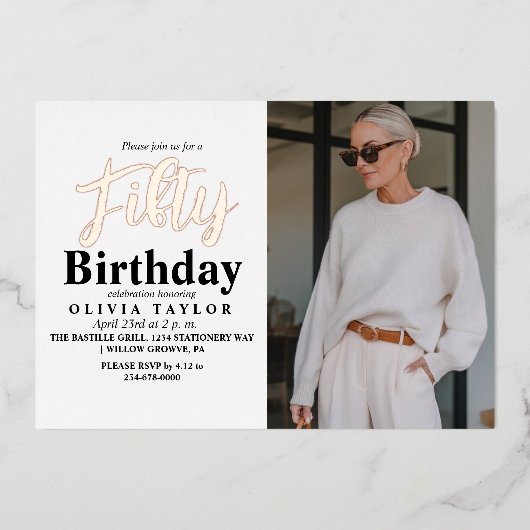 Invitation En Aluminium Photo blanche 50e anniversaire moderne Cinquante (Recto)