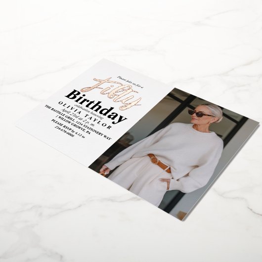 Invitation En Aluminium Photo blanche 50e anniversaire moderne Cinquante (Rotation)