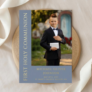 Invitation En Aluminium Photo Bleue Moderne Garçon Première Communion Sain