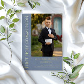 Invitation En Aluminium Photo Bleue Moderne Garçon Première Communion Sain