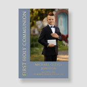 Invitation En Aluminium Photo Bleue Moderne Garçon Première Communion Sain