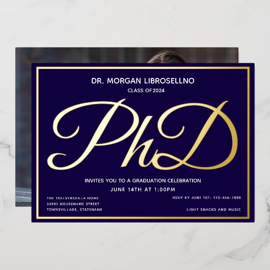 Invitation En Aluminium Photo Blue Gold Doctorat (Recto/Verso)