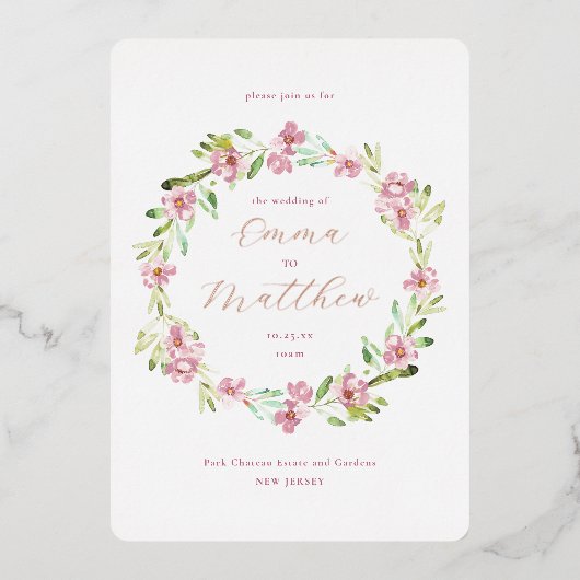 Invitation En Aluminium Photo Blush Pink Botanical Wreath Mariage (Recto)