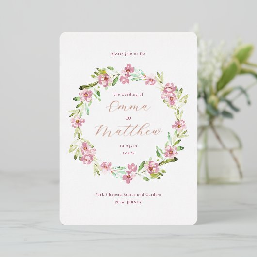 Invitation En Aluminium Photo Blush Pink Botanical Wreath Mariage (Debout devant)