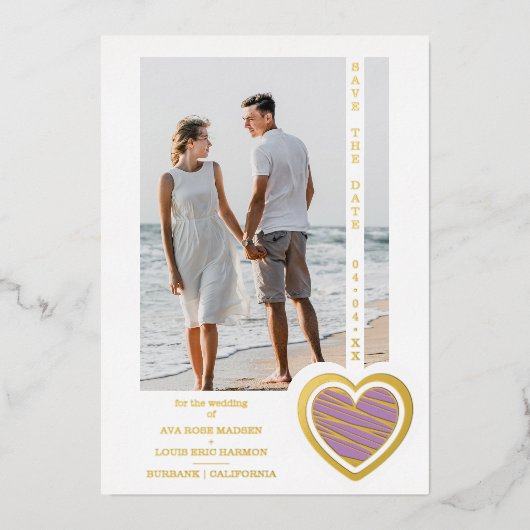 Invitation En Aluminium Photo Chic Elegant Lilac & Golden Heart Couple (Recto)