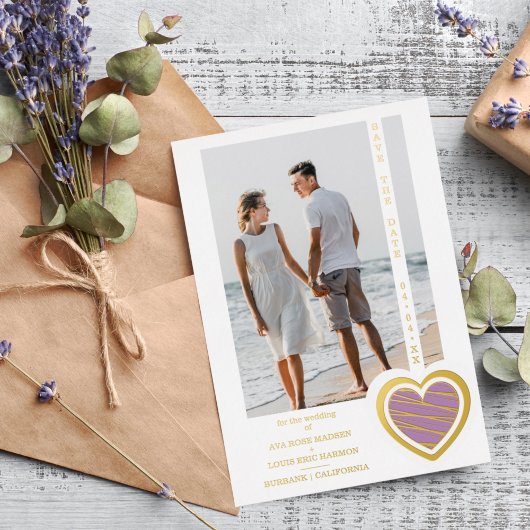 Invitation En Aluminium Photo Chic Elegant Lilac & Golden Heart Couple