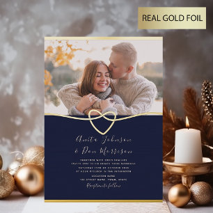 Invitation En Aluminium Photo Cœur de mariage corde Navy et Or