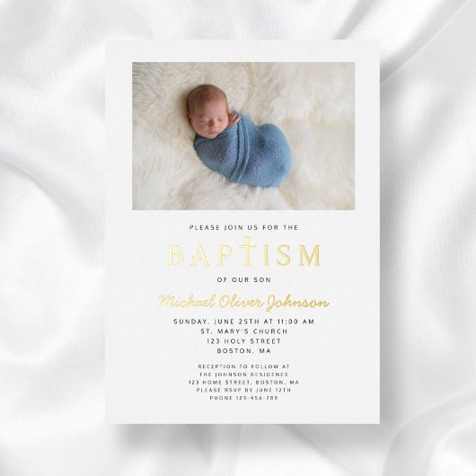 Invitation En Aluminium Photo Croix Bleue Garçon Baptême Or