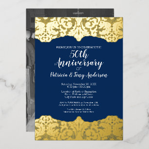 Invitation En Aluminium Photo d'anniversaire de mariage Navy et dentelle d