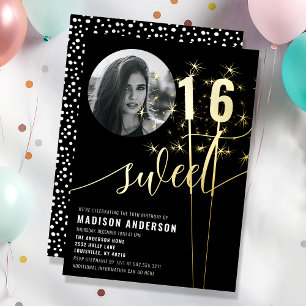 Invitation En Aluminium Photo d'anniversaire Sweet 16 à paillettes noir et