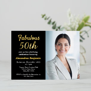 Invitation En Aluminium Photo de 50e anniversaire fabuleux noir or