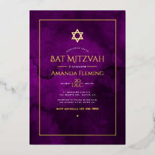 Invitation En Aluminium Photo de Bat Mitzvah aquarelle violette et or