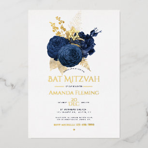 Invitation En Aluminium Photo de Bat Mitzvah florale Navy et Or