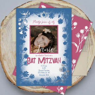 Invitation En Aluminium Photo de Bat Mitzvah vintage bleu marine mauve ros