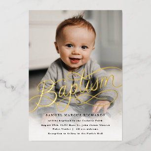 Invitation En Aluminium Photo de bébé Baptême Or
