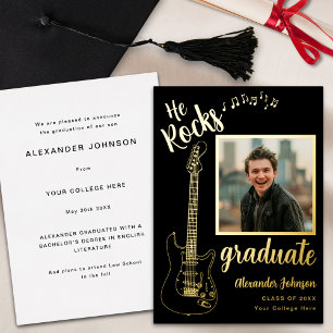 Invitation En Aluminium Photo de diplômé moderne Cool Guitar Noir et Or