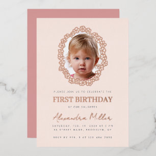 Invitation En Aluminium Photo de fille dans un cadre floral rose pour un p