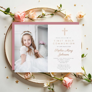 Invitation En Aluminium Photo de fille élégante Première communion Rose Go