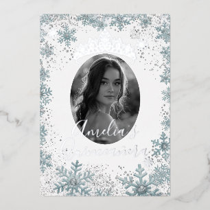 Invitation En Aluminium Photo de flocon de neige bleu argenté pour Quincea