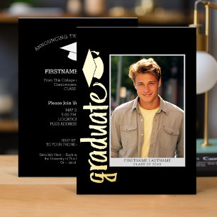 Invitation En Aluminium Photo de graduation avec script moderne et Casquet