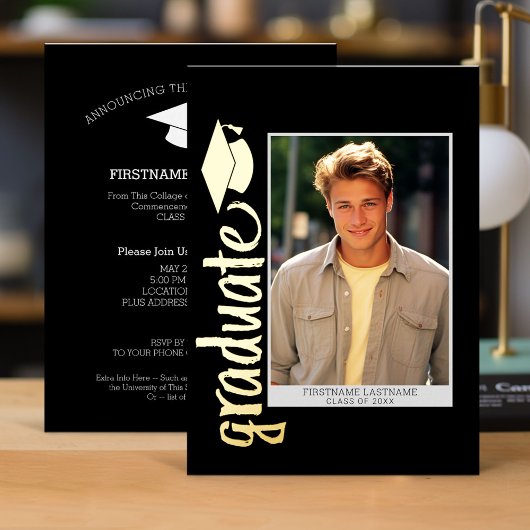 Invitation En Aluminium Photo de graduation avec script moderne et Casquet