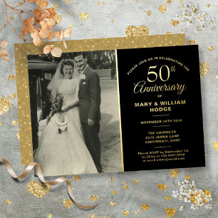 Invitation En Aluminium Photo de mariage 50e anniversaire noir et or