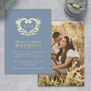 Invitation En Aluminium Photo de mariage au monogramme en forme de cœur en