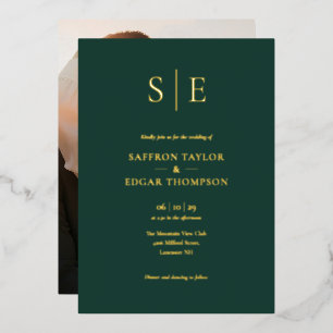 Invitation En Aluminium Photo de mariage au monogramme vert émeraude et or