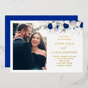 Invitation En Aluminium Photo de mariage Fleurs Or Réel et Bleu Royal