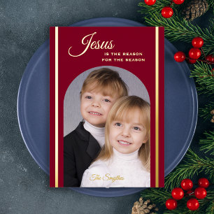 Invitation En Aluminium Photo de Noël Religieux Jésus Bourgogne Or