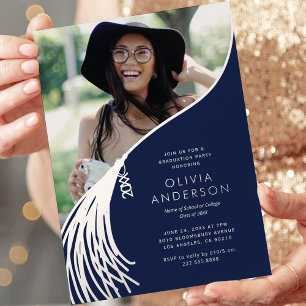 Invitation En Aluminium Photo de pompon Navy Argent Fête de remise des dip