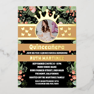 Invitation En Aluminium Photo de Quinceanera papillon doré à fleurs noires