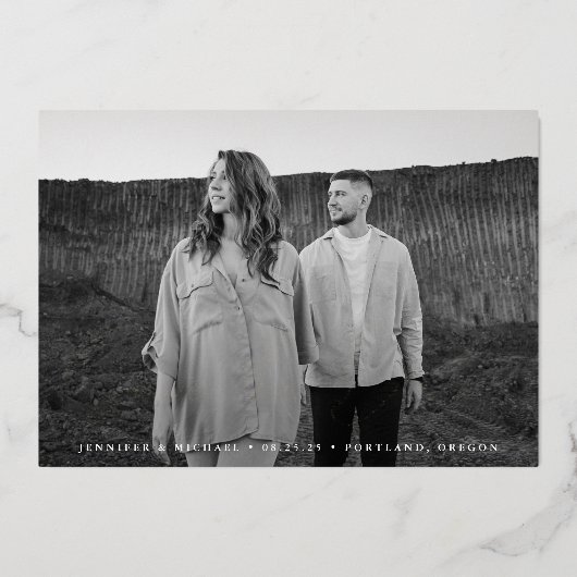 Invitation En Aluminium Photo de script décontracté Enregistrer la date (Recto)